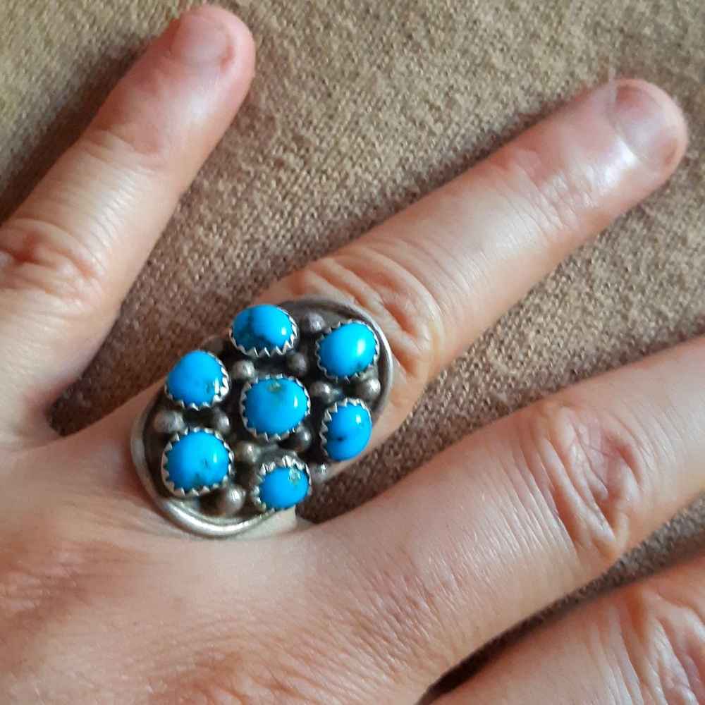 Navajo Style Sterling Turquoise Cabochon Cluster Ring Size 8.75 - Picture 11 of 16